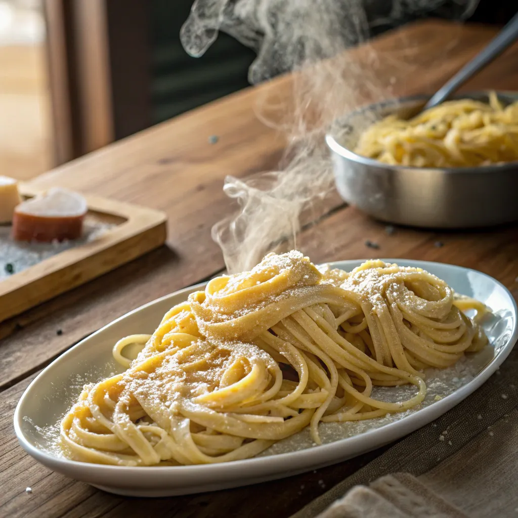 Freshly made pasta on a wooden table