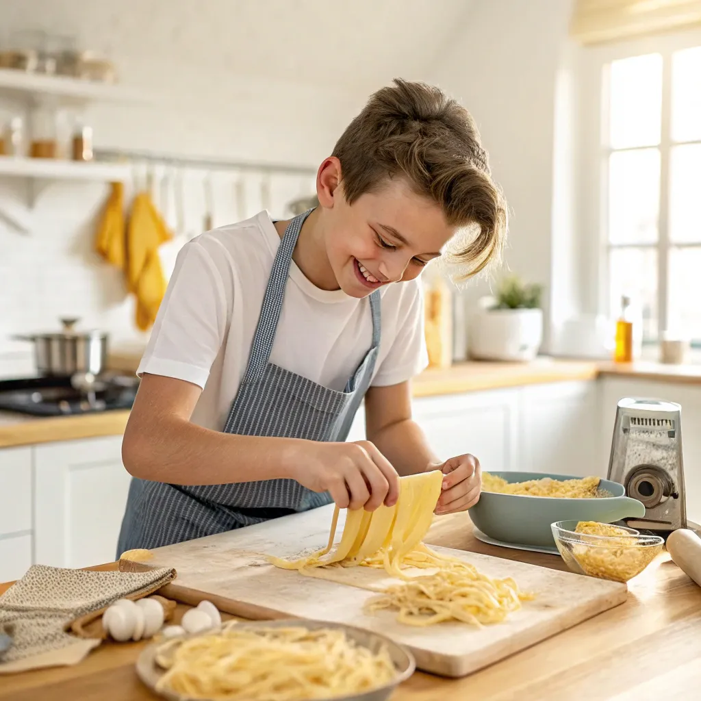 Happy student making pasta