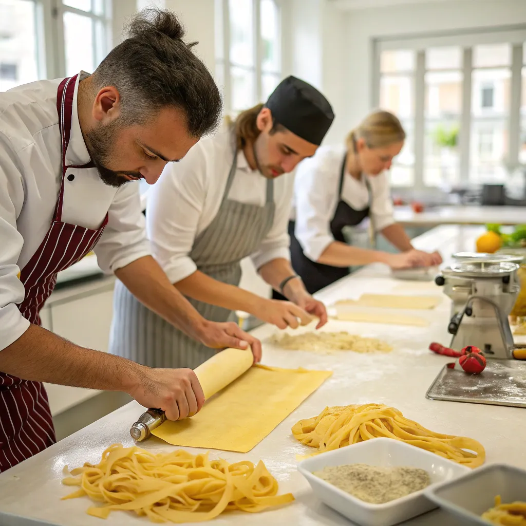 Instructors demonstrating pasta techniques